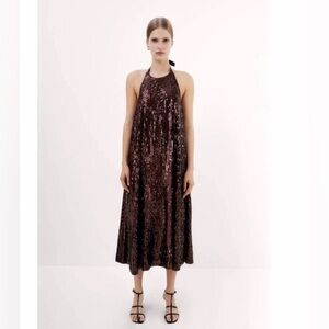 Zara Brown Sequin Halter Dress size L NWT